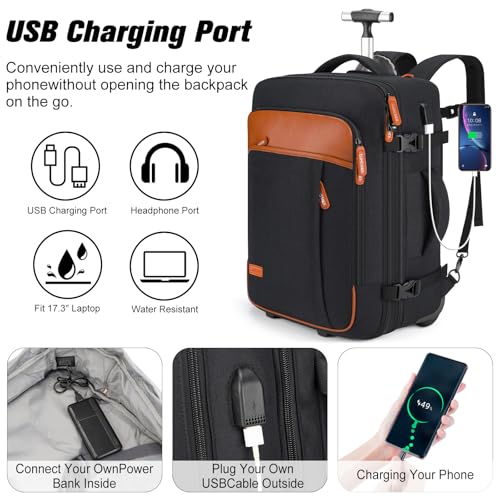 Lumesner rolling backpack, 17-inch water-resistant wheeled laptop backpack, carry-on luggage for business trips, overnight stays, or college use, a trolley suitcase for men and women，Black2