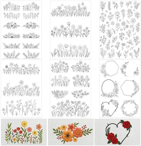 Water Soluble Stabilizer for Embroidery - Flower Stick & Stitch Embroidery Paper Wash Away, Wildflower Hand Sewing Embroider Patterns for Jean Bag Tshirt (6 Sheet)