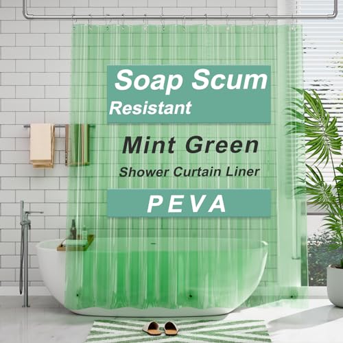 Image of AmazerBath Shower Curtain Liner, 72x72 Transparent Mint Green Shower Liner, Lightweight Plastic Shower Curtain Liners, Waterproof Shower Liner for Bathroom with 3 Magnets and 12 Grommet Holes