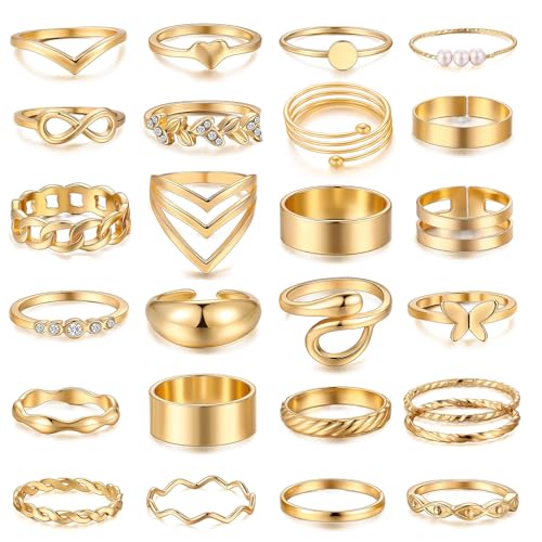 BelleFlair 25 pièces Lot de bagues dorées pour femmes Vintage Bagues empilables Mode Bijoux épais Bagues ajustables Accessoires de bijoux pour femmes et...