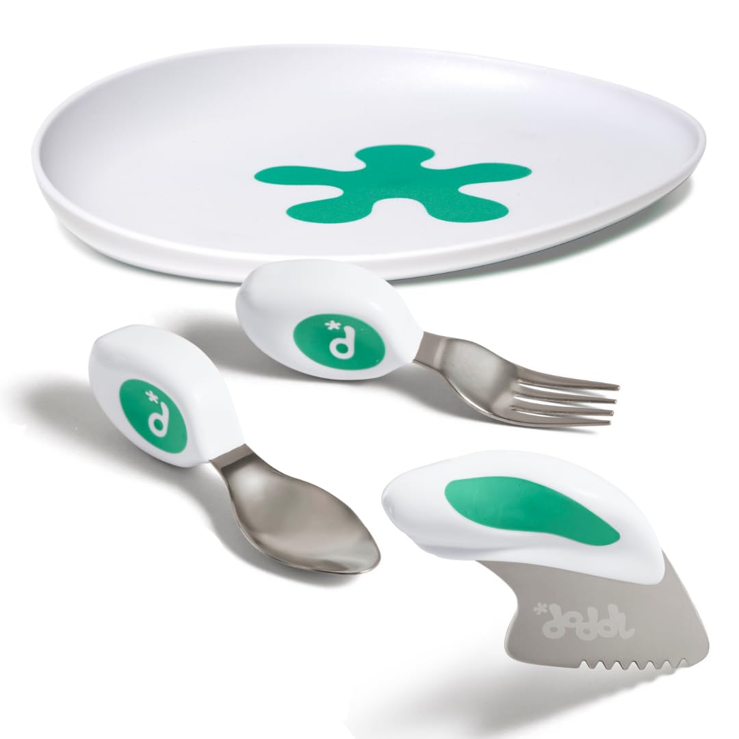 Doddl Cutlery Set for Children Toddlers & Babies 12 Months + 3 Piece Knife Fork & Spoon Cutlery Set Ergonomic Design to Promote Self-Feeding (Aqua + Plate, One Size)