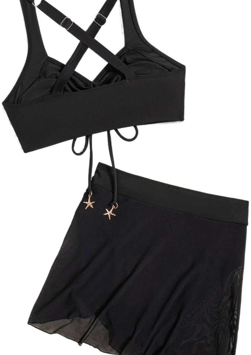 Women's Solid Color Starfish Charm Drawstring Two Piece Swimsuit - Basic High Waist Skirted Suit