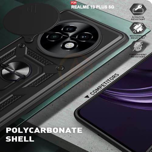 Image of Armor Bumper Back Cover Case for Realme 13 Plus / P1 Speed 5G Rotating Camera Cover, Ring Holder & Kickstand | Heavy Duty & 360 Degree Protection Back Cover (Black)