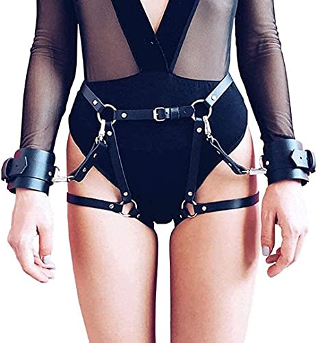 KISSHAKE Punk Leather Lingerie Thigh Harness Black Waist Belts Rave Caged Leg Garter Belts for Women and Girls, Body Harness Chains Fashion Nightclub Party Belly Belts Accessories, One Size