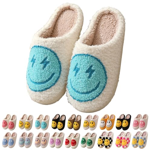 Opiniones y reviews de Happy Men , listamos los 10 mejores. 36 Smile Face Slippers for Women Men Happy Face Slippers Retro Soft Plush Warm Slip-On Slippers Cozy Indoor Outdoor Slippers (Lightning Smile Blue,24.5 cm)