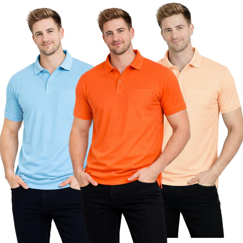Image of SMAN Polo Neck T-Shirt Pack of 3 for Men & Boys | Half Sleeve Collar Tee with Pocket | Premium Spun Matty Fabric | Casual & Office Wear | Sizes M to 2XL | FX PO3 MCR ORN PCH