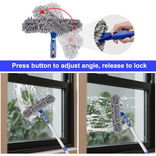Image of Window Squeegee with 75 inch Extension Pole, ITTAR Rubber Water Wiper for Glass | Durable Stainless Steel Rod, Rotatable Head for Window Edge, Chenille & Microfiber Pad, Squeegee for Variety Cleaning Needs