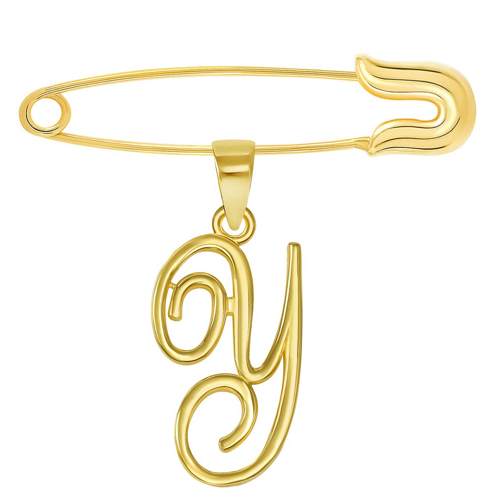 14k Yellow Gold Elegant Script Letter Cursive Initial Charm with Safety Pin Brooch - A to Z