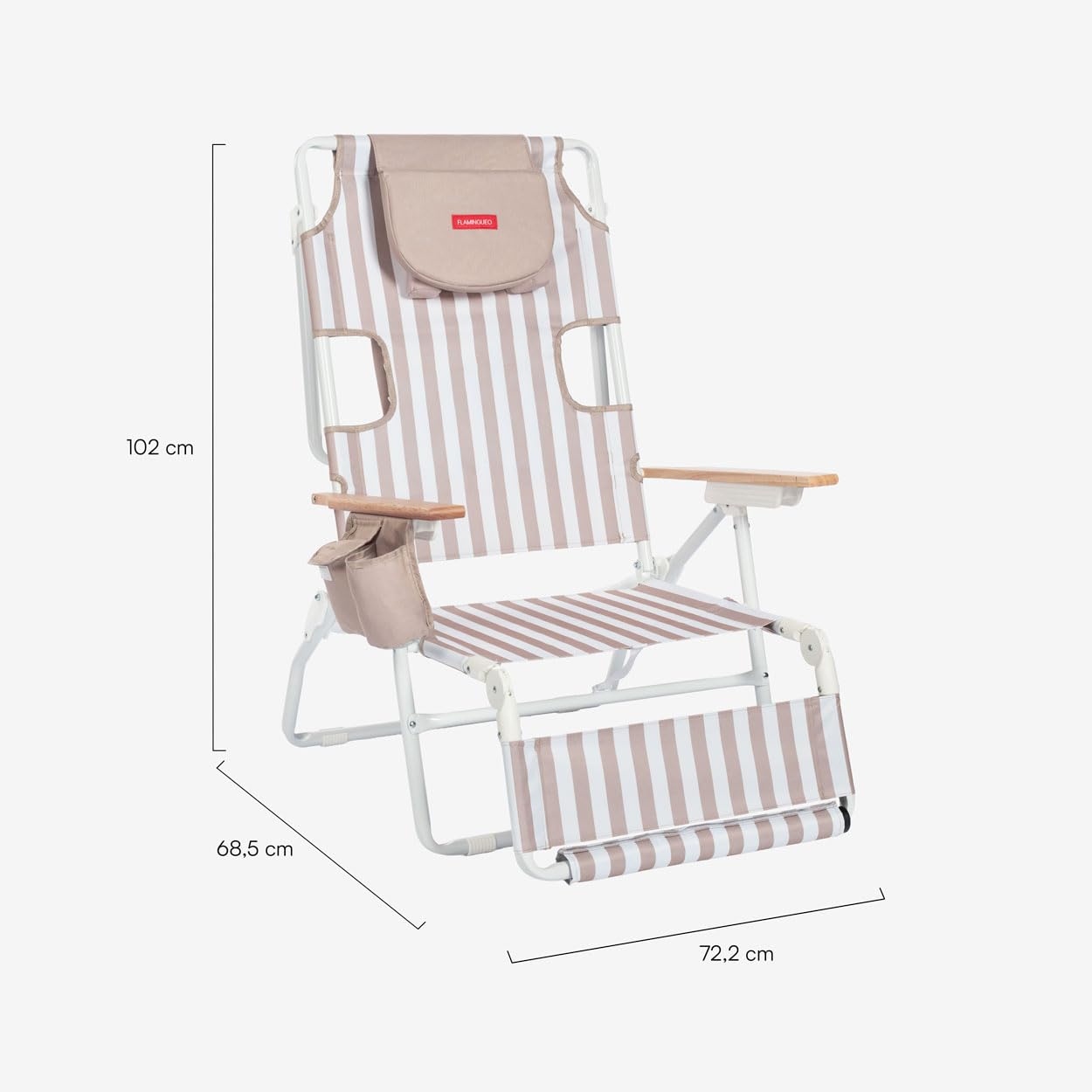 Flamingueo Silla Playa Plegable - Reclinable 5 Posiciones - Agujero Cabeza y Brazos - Reposapiés 3 Posicones - Asas Mochila - Bolsillo Insulado y Posavasos - Aluminio y Poliéster - Beige