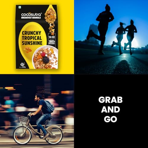Image of Cocosutra Tropical Sunshine Breakfast Granola - 300g | High Protein Cereal with Oats, Nuts, Seeds and Dry Fruits | Lightly sweetened with Jaggery | Made with natural ingredients | Crunchy Breakfast Cereal with Oats, Nuts, Seeds & Dry Fruits, High Fibre, No Added Preservatives, Ready to Eat