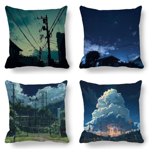 Outdoor Kissen Landschaft Kissenbezug 45x45cm Himmel 4er Set, Outdoor Kissen Wetterfest Leinen Dekokissen mit Unsichtbarem Reißverschluss für Sofa Schlafzimmer Wohnzimmer Terrasse Balkon Deko QZ-V