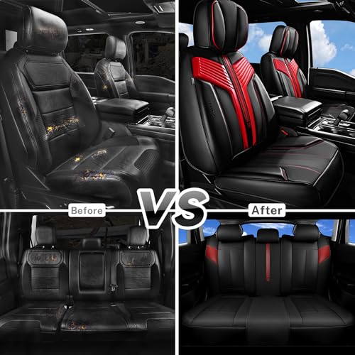 Image of CAR PASS Nappa Leather Seat Covers, Breathable Waterproof Car Seat Covers Full Set, Luxury Leather Front and Back Seats Full Coverage, Universal Fit SUV Pick-up Truck Sedan Automotive(Black Red)