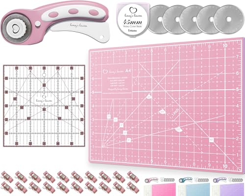 Rotary Cutter Set - Quilting Kit incl. 45mm Fabric Cutter 5 Replacement Blades A4 Cutting Mat Acrylic Ruler and Craft Clips - Ideal for Crafting Sewing Patchworking Crochet & Knitting (Pink A4)