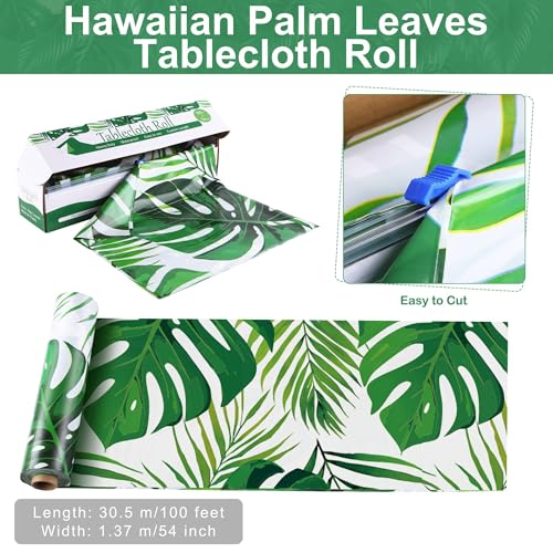 Image of Kochorie 100 Ft x 54 Inch Palm Leaves Tablecloth Roll with Cutting Box Hawaiian Luau Tablecloths Disposable Aloha Tropical Table Cover Backdrop for Hawaii Birthday Summer Beach Tropical Party Supplies