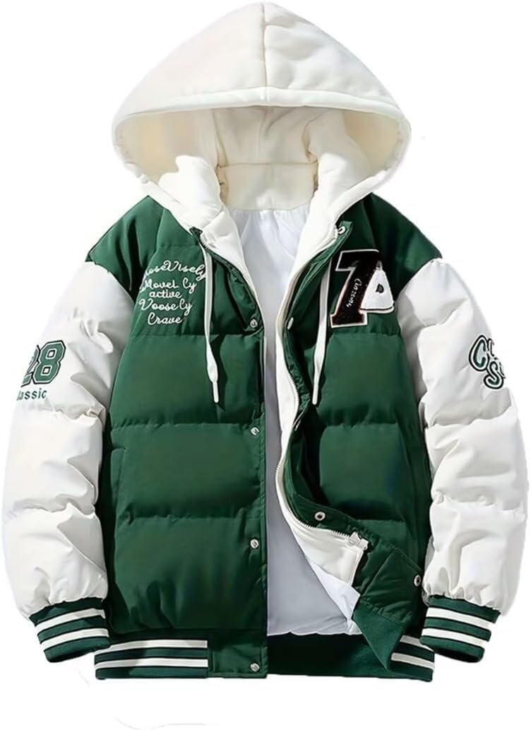 Uomo Hip Hop Moda Varsity con Cappuccio Piumino Impiombato Falso Giacca da Baseball con Cappuccio Inverno All'aperto Ispessito Giù Giacca di Cotone