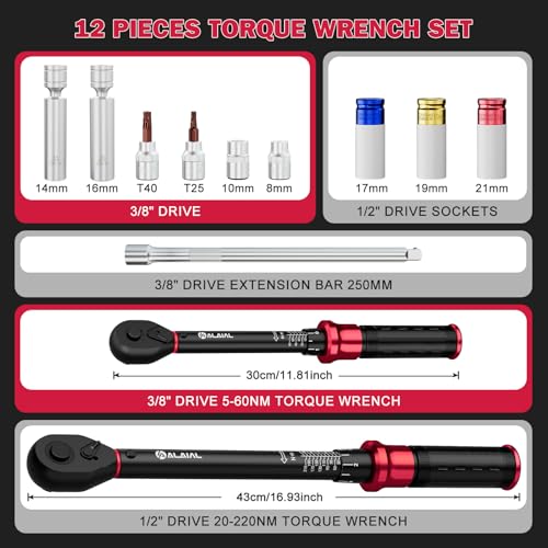 ALAIAL Torque Wrench 1/2 Inch and 3/8 Inch 20-220 Nm, 5-60 Nm Torque Wrench 12-Piece Set including Extension - Image 2