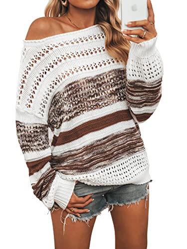 Cupshe Women Higher Up Striped Scoop Neck Drop Sleeve Sweaters Chic Crochet Knit Pullover,M #TOP7