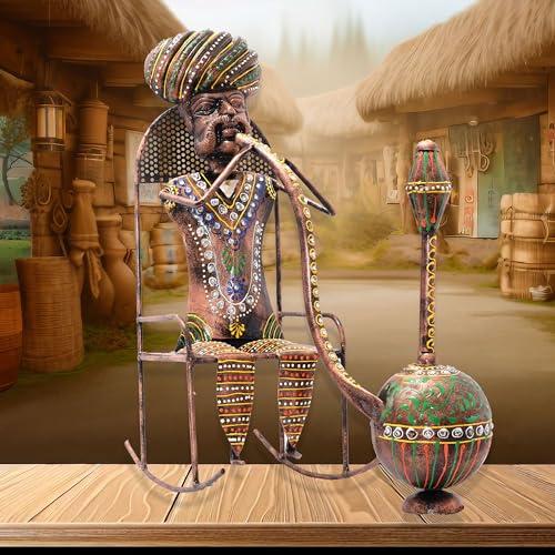 Image of Kraftskala Ethinc Villager on Chair 16 inch Large Metal Decor Showpiece for Living Room Showcase, Tabletop Decor, Traditional Rajasthani Decorative Showpiece
