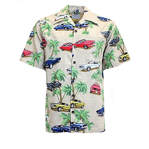 David Carey Ford Mustang Hawaiian Camp Shirt – Retro Inspired Button Up Collared Short Sleeve Beige Club Shirt