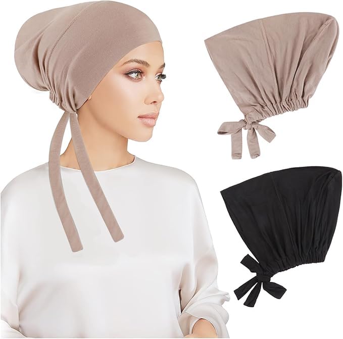 2 Pcs Women Undercap Hijab,Islamic Muslim Under Hijab Cap,Inner Under Scarf,Hat Hijab Cap with Tie, Back Closure Solid Color Underscarf Hijab Cap, Turban Head Wraps for Women,Chemo Sleep Cap, Sleep