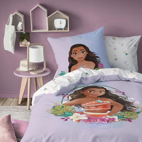 Disney Home VAIANA MOTONUI Parure de lit Enfant | 100% Coton | Oeko-TEX | Housse de Couette 140x200cm + 1 Taie d'oreiller 63x63cm | Imprimé Fille | Mauve