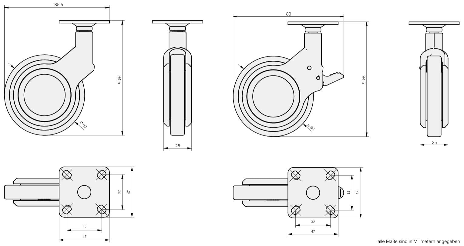 GTV – Rotelle per mobili GIRA, set di 2 ruote frenate + 2 ruote per mobili senza freno, cromato/grigio opaco, girevole a 360°, per scrivania, mensola, tavolino, sgabello, diametro 60 mm, altezza 94 mm