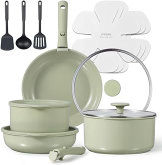 CAROTE 16pcs Ceramic Cookware Set, Pots and Pans Set Non Stick, Induction Kitchen Cookware, Non Stick RV Set with Detachable Handle, Dishwasher/Oven Safe, Sage Green