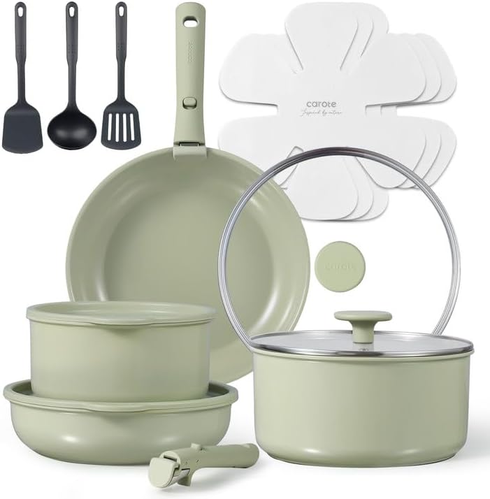 CAROTE 16pcs Ceramic Cookware Set, Pots and Pans Set Non Stick, Induction Kitchen Cookware, Non Stick RV Set with Detachable Handle, Dishwasher/Oven Safe, Sage Green