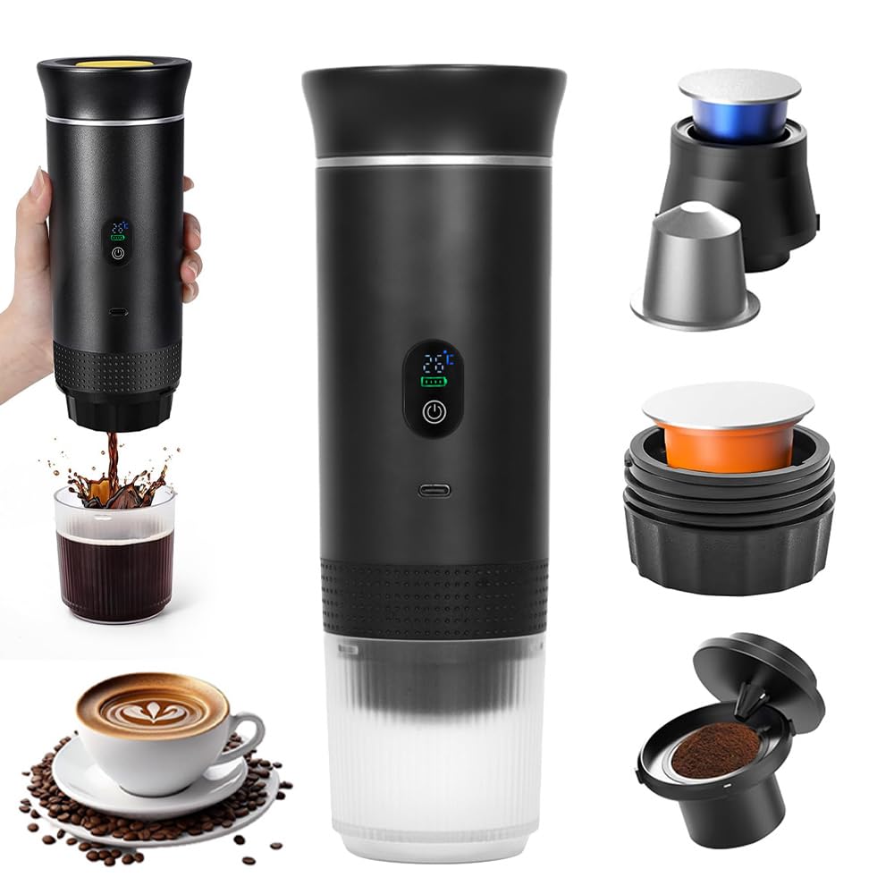 Cafetera Portatil 3 en 1, Cafetera Portatil Capsulas con Display de Temperatura, Batería Recargable USB-C 7500mAh, Máquina de Café Portátil para Cápsulas Pequeñas, Grandes y Café Molido