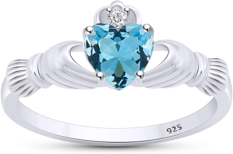 Jewel Zone US Simulated Aquamarine & White Cubic Zirconia Claddagh Ring in 14k Gold Over Sterling Silver