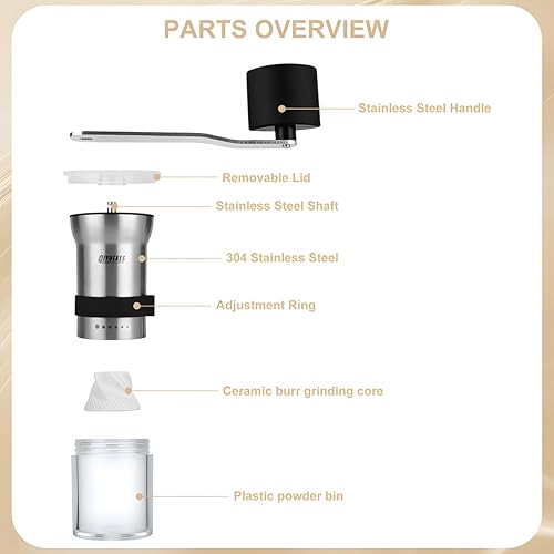 Miniatura 3 de Molinillo de café manual, manivela portátil de acero inoxidable, 6 ajustes de grosor, molinillo de café con rebabas de cerámica, perfecto para