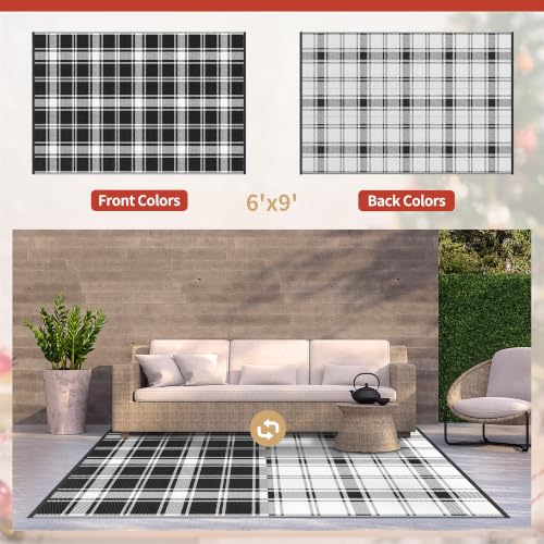 Image of GENIMO Outdoor Rug, Waterproof Plastic Rugs for Patio, 6'x9' Black Plaid | Outside Larger Modern Carpet Mat for Porch Decor, Deck, Balcony, Camping, RV, Backyard, Picnic, Beach, Reversible, Foldable