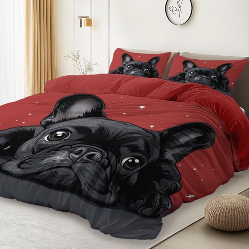 Rosso Set Lenzuola Letto Cartone Animato Bulldog Francese Tema Copripiumini 100% Microfibra con Cerniera Adulti 220 x 240 cm Copripiumino e 50x80cm Di Federe, Set 3 Pezzi (Anallergico)