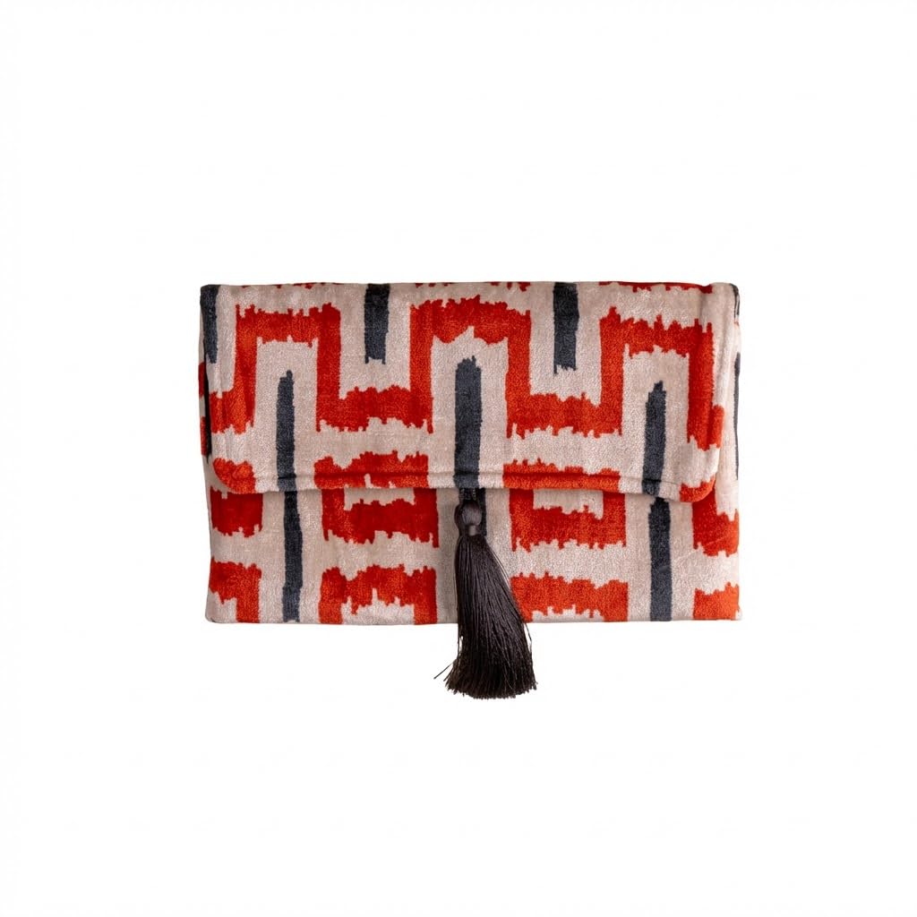 Bolso Ikat de terciopelo de seda hecho a mano, estilo sobre, diseño bohemio, patrón étnico, opción de correa de cadena, bolso de mano de fiesta de noche, bolso de mano de alta calidad, blanco