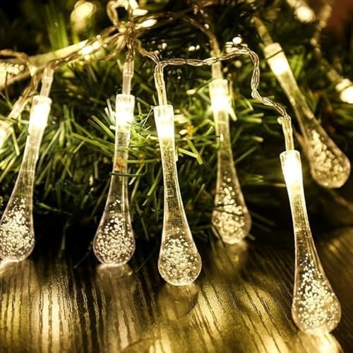 Image of XERGY Waterdrop String Lights Outdoor 10ft 14 LED, Teardrop Water Drop String Lights Warm White,LED Outdoor Lights for Diwali Home Garden Patio Yard Tree Party Wedding Christmas Decoration