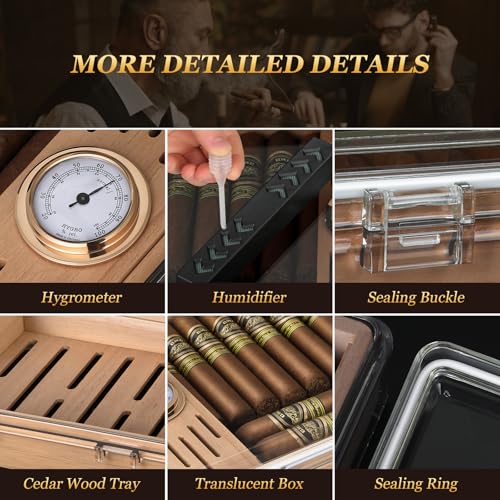 Image of Acrylic Cigar Humidor, Clear Cigar Box with Hygrometer, Humidifier and Cedar Wood Tray, Desktop Cigar Case Can Hold About 20-30 Cigars (Clear)