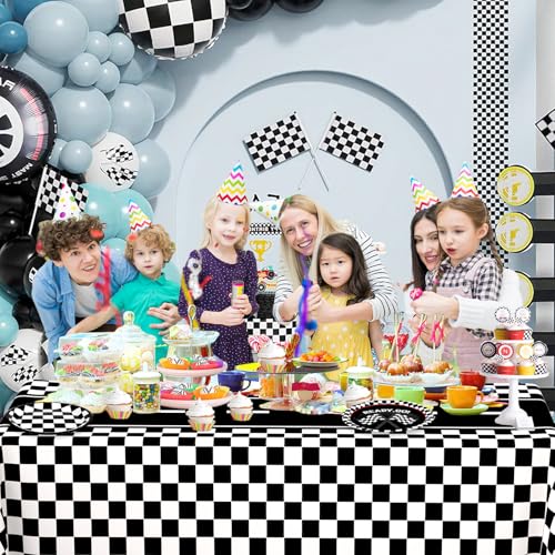 Image of WNINK 4 Pack Race Car Table Cloth Black and White Gingham Tablecloths Disposable Plastic Buffalo Check Tablecloth Checkered Flag Covers for Birthday, Outdoor Picnic, Birthday, Camping 54 x 108 Inch