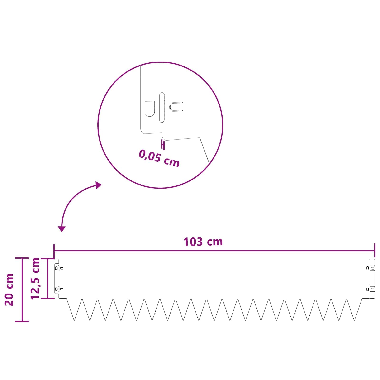 Krawędzie trawnikowe z malowanego proszkowo metalu, srebrne, 103 x 20 cm, zestaw 20 sztuk do rabatek ogrodowych, krawędzi ścieżki, tarasu, do czystego odgrodzenia i porządku krawędzi koszenia