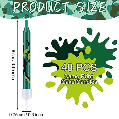 48 Pcs Camo Print Birthday Cake Candles In Holders Green Tall Birthday Cake Candles Army Party Decorations Military Candle Hunting Long Thin Cupcake Candles For Birthday Wedding Party Supplies #TOP1