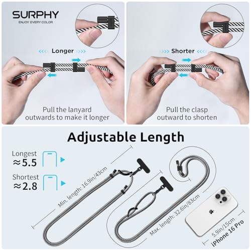 Image of SURPHY Phone Lanyard Crossbody, Phone Strap Crossbody with 2 Tether Tabs | Adjustable Cell Phone Lanyard, Anti Theft Phone Strap, Premium Metal Buckles, Universal Lanyard for Travel, Black & White