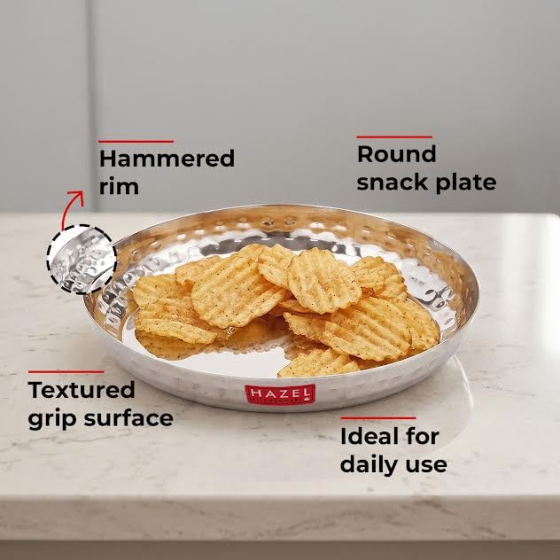 Image of HAZEL Stainless Steel Small Plate 15.5 cm, Pack of 6 | Hammered Finish Side Wall Round Steel Thali for Snack Plate for Daily Use Home, Office & Restaurant