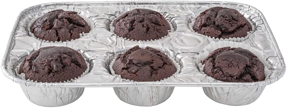 Restaurantware 6 Cup Muffin Pan - 50 Count - 9.56 x 6.5 x 1.5 Inches Aluminum Foil Tray Disposable Multi-Compartment Baking Pan Oven-Safe Standard Size Silver
