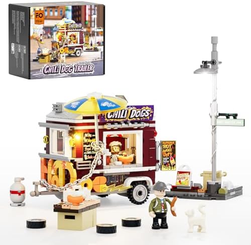 FUNWHOLE Chili Dog Trailer Lighting Building Bricks Set - Street Fusion City Town Hot Food Truck with LED Light Display Kit 515 Pcs for Adults & Teens & Street Cultrue Lovers