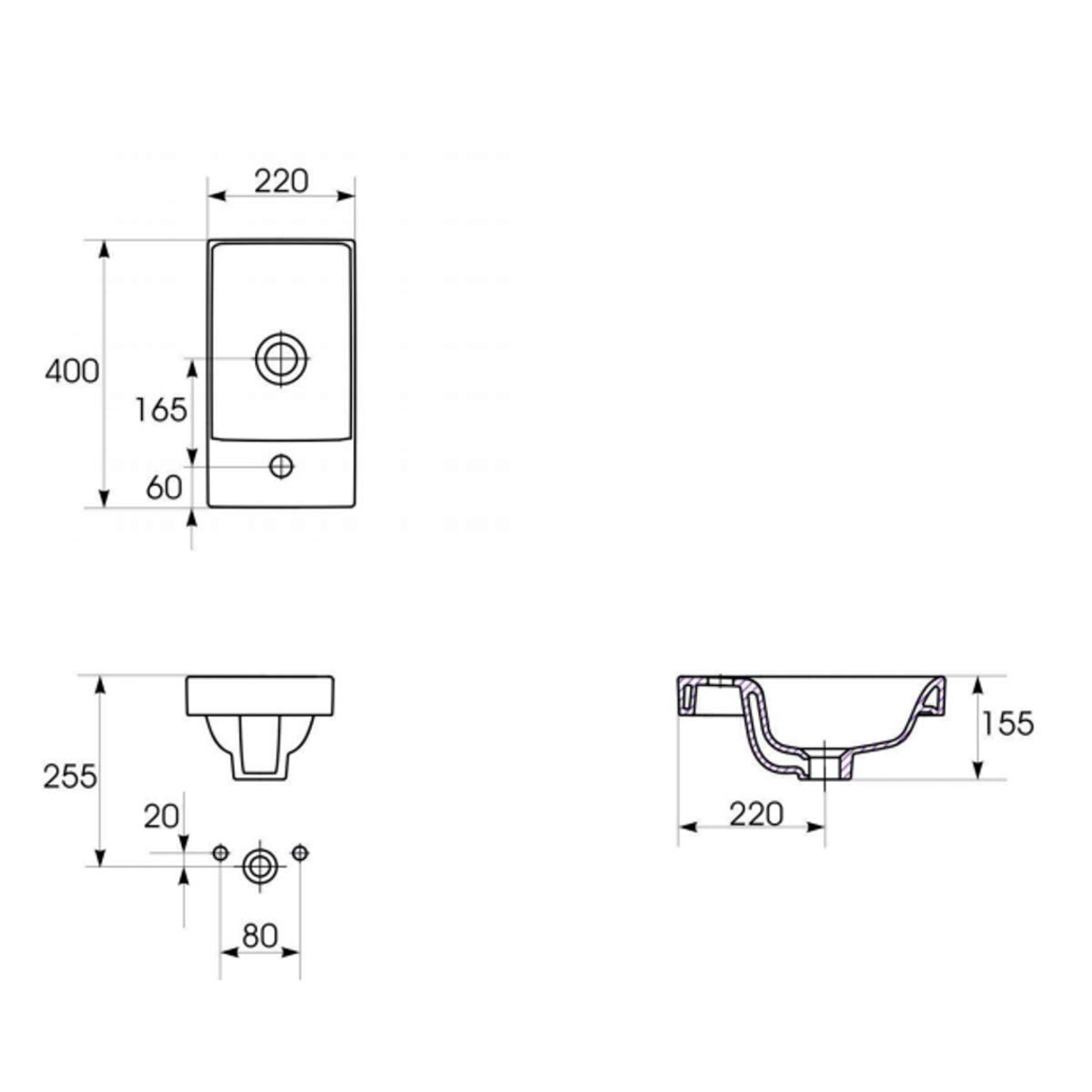 VBChome Colección Moduo 40 cm x 22 cm lavabo para armario bajo empotrado lavabo con rebosadero blanco cerámica lavabo lavabo empotrado – Lavabo para baño