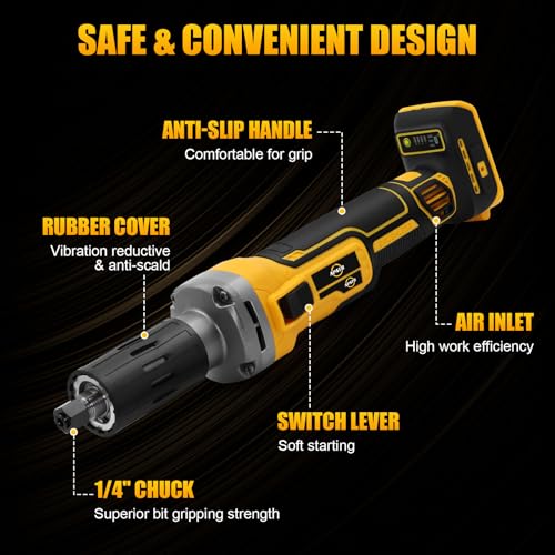 Image of Cordless Die Grinder Compatible with DEWALT 20V Max Battery, 1 /4 inch Precision Chuck, 11000 RPM Brushless Motor for Rust Removal, Grinding, Polishing, Deburring (No Battery)