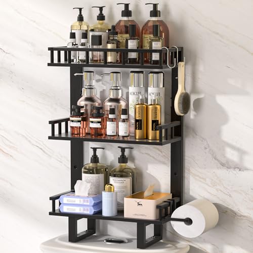 Bamboo Over The Toilet Storage Shelf with Paper Rolls Holder and Hooks (Black, L)
