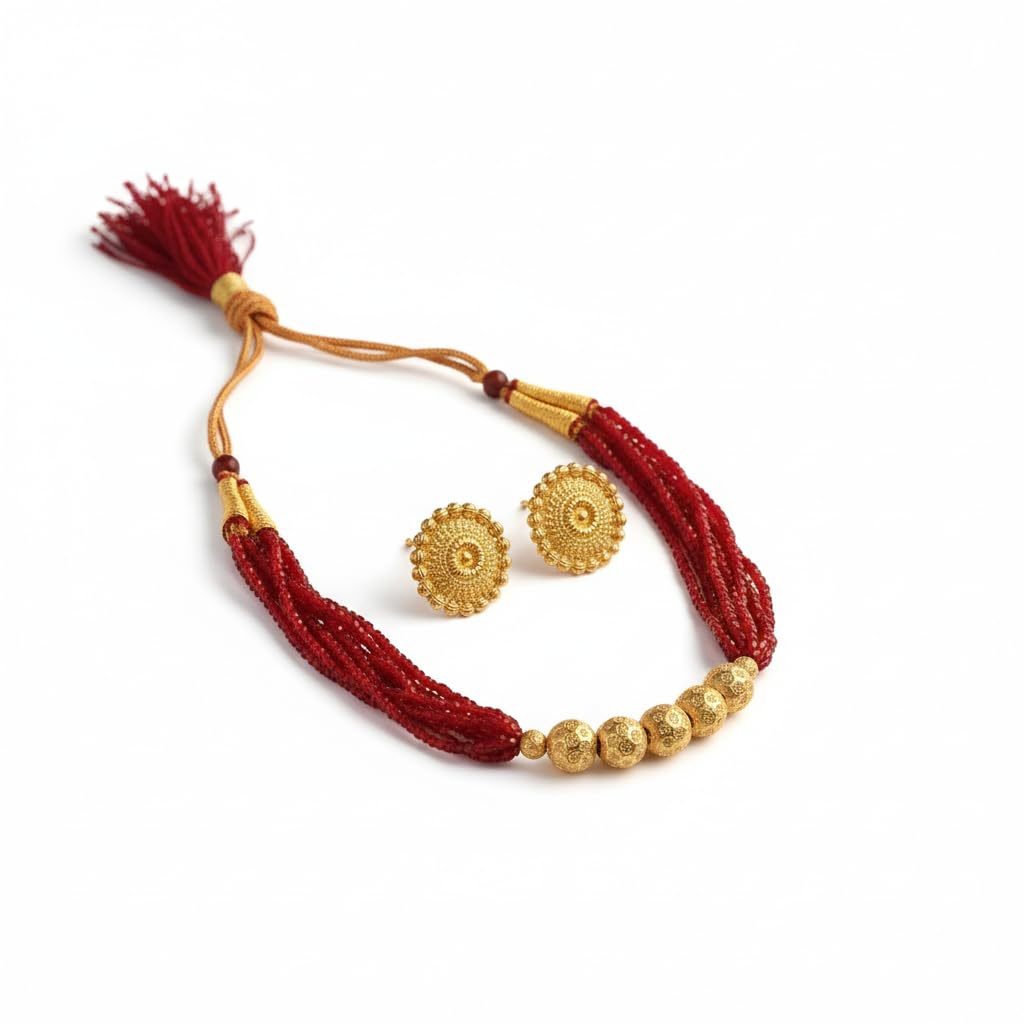 6 Line Crystal Bead Mala Necklace Maroon Color with Centre Gold Tone Ball Beads 18 Inch – Adjustable Thread Traditional Jewelry for Women and Girl-image-10