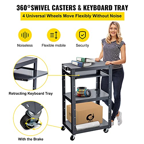 Vevor Steel Av Cart, 27-41" Height Adjustable Media Cart With 19" X 14" Retracting Keyboard Tray, 24" X 18" Presentation Cart With 3 Shelves, 150 Lbs Weight Capacity Suitable For Office And School #TOP4