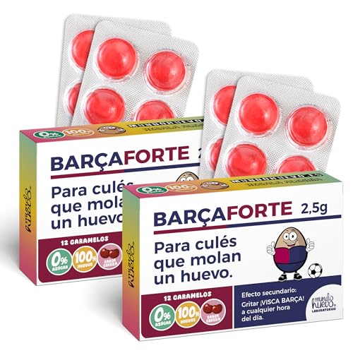 Pack 2 cajas de caramelos BARÇAFORTE | 24 caramelos sin azúcar sabor cereza | Regalo doble original para culés de corazón | Ideal para gritar ¡Visca Barça! en cada bocado