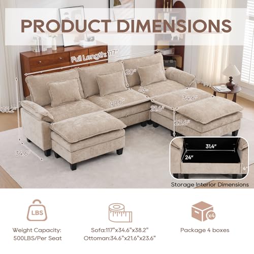 Image of IPKIG 117 inch Modular Cloud Couch with Storage, C Shaped Sectional Sofa | 3 Seater Khaki Chenille Deep Seat Sectional Couches with Ottoman and Pillow for Living Room, Apartment